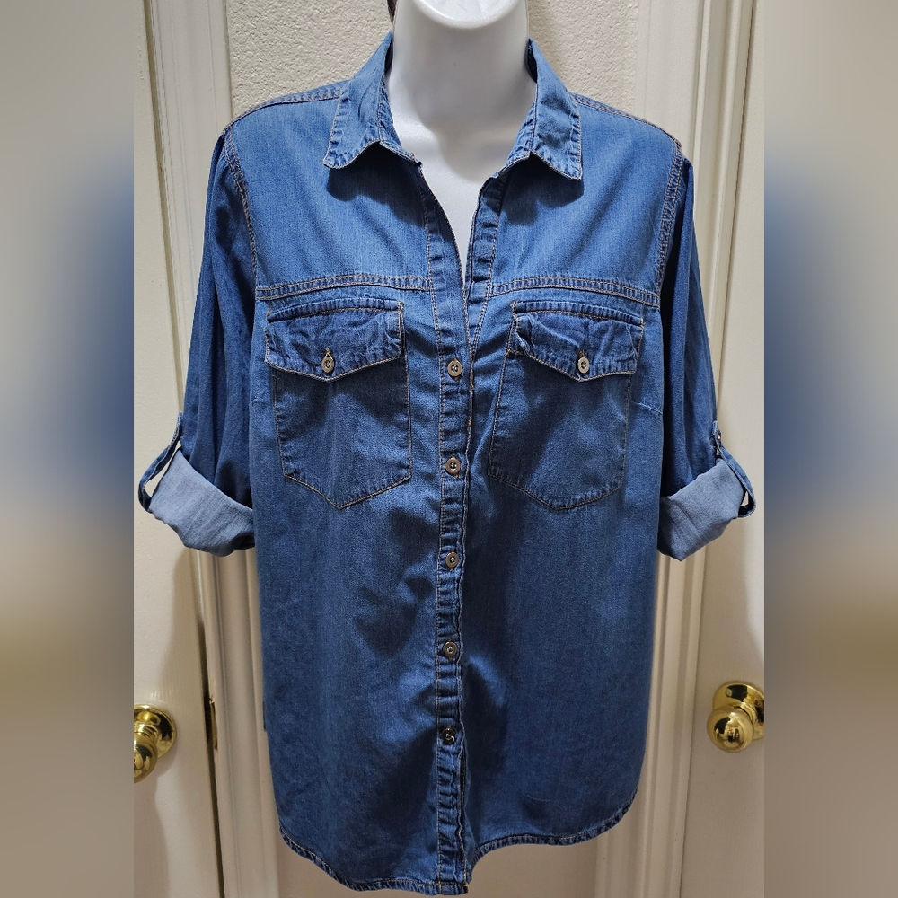 Fashion Web Casual Denim Long Sleeve Shirt With Rollup Tabs Size XL EUC - Picture 2 of 16